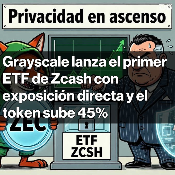 The image is a cartoon-style graphic titled "Privacidad en ascenso" (Privacy Rising), featuring an anthropomorphic Zcash fox mascot holding a ZEC coin next to a frustrated-looking suited man, with an "ETF ZCSH" safe and a rising green chart in the background. It visually illustrates Grayscale's launch of the first ZCSH ETF on NYSE Arca with direct Zcash exposure, complementing the post's news that ZEC surged 45% following the announcement.