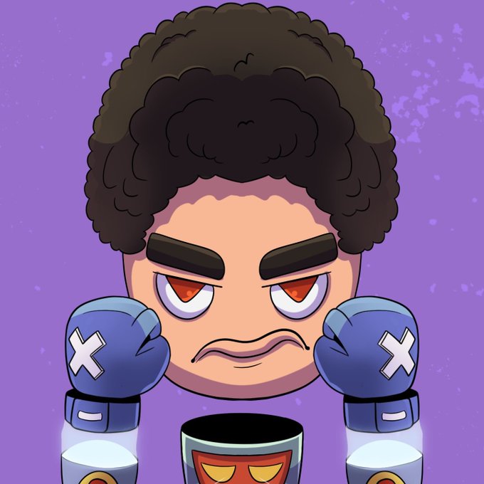 An NFT-style cartoon character with an afro, angry red eyes, and blue boxing gloves with 'X' marks stands against a purple background.