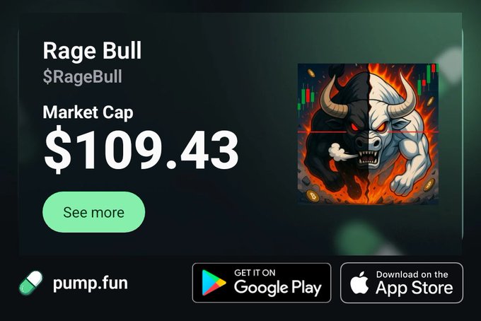 Advertisement for the meme coin $RageBull on pump.fun, showing a market cap of $109.43 alongside an illustration of an angry black and white bull.