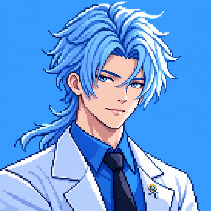 A pixel art portrait depicts a confident, anime-styled young man with flowing blue hair, blue eyes, and a white lab coat over a blue shirt and dark tie, matching the "gm if you Love NFTs" post as an idealized avatar of an NFT enthusiast.