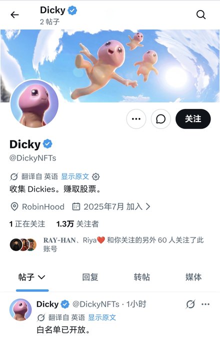 Twitter/X profile page for 'Dicky' (@DickyNFTs) showing 1.3万 followers, joined July 2025, with a banner featuring pink blob-like creatures flying in the sky.