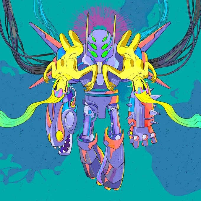 A colorful illustration of a robotic, armored figure with a purple helmet featuring green eyes, flanked by yellow frog-like elements and set against a vibrant teal background.