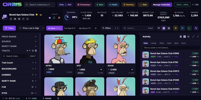 A screenshot of the ORBIS NFT marketplace displaying the 'Bored Ape Solana Club' collection, showing various Bored Ape NFT listings and floor prices in ETH and SOL.