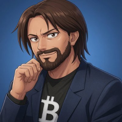 A digital illustration of a bearded man with brown hair wearing a blue blazer over a black Bitcoin t-shirt, posed in a thinking gesture against a blue background.