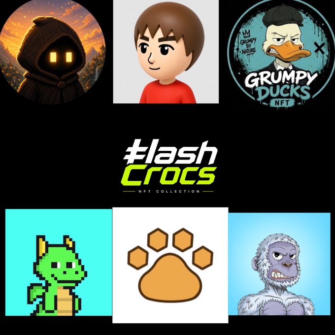 A collage promoting the 'Flash Crocs NFT Collection,' featuring six NFT character previews including a hooded figure, Mii-style avatar, Grumpy Ducks, a pixel dragon, a paw logo, and a gorilla.
