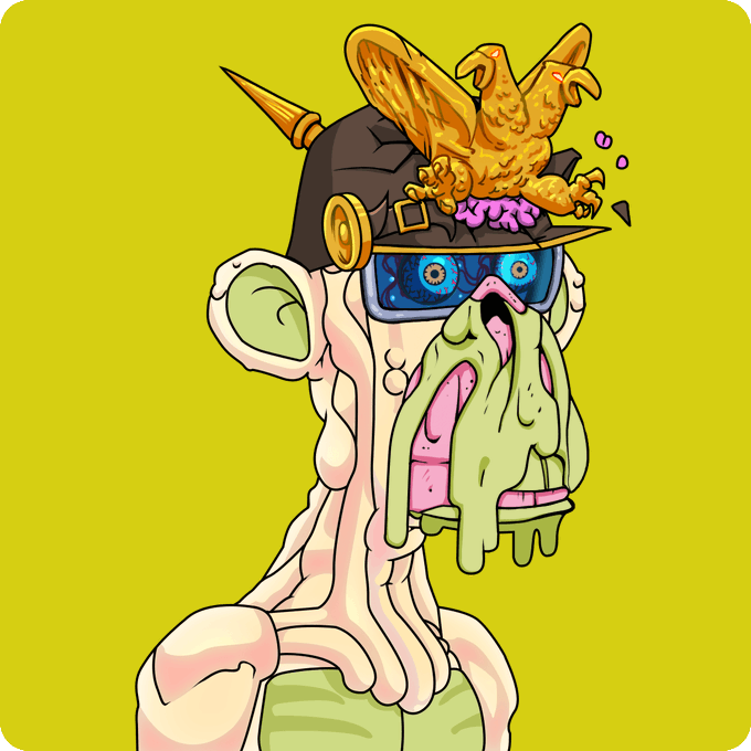 A stylized cartoon illustration shows a melting zombie-like figure with a golden griffin creature sitting atop its head, wearing goggles, with green slime dripping from its mouth.