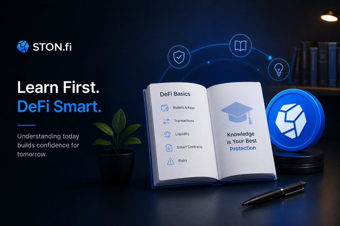 STON.fi promotional graphic reading 'Learn First. DeFi Smart.' featuring an open book displaying DeFi Basics topics (Wallets & Keys, Transactions, Liquidity, Smart Contracts, Risks) alongside their blue logo coin.