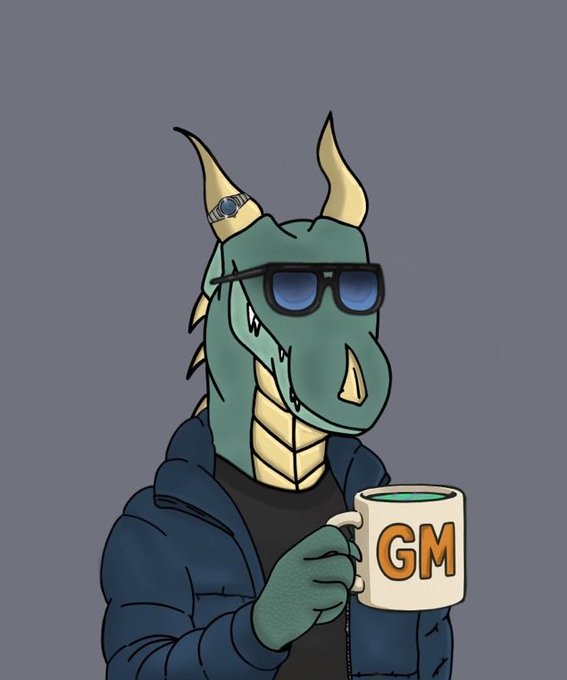A cartoon illustration of a green dragon wearing sunglasses and a blue hoodie, holding a white mug labeled 'GM' in orange letters.