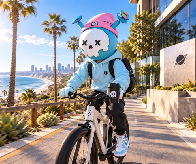 An AI-generated cartoon character wearing a pink beanie and skull hoodie rides a bicycle along a coastal path with palm trees and a city skyline in the background.