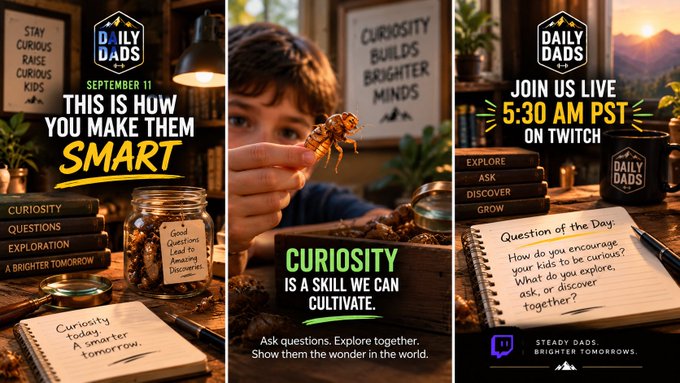A three-panel promotional graphic for 'DAILY DADS' featuring a boy holding an insect, with text including 'STAY CURIOUS, RAISE CURIOUS KIDS', 'THIS IS HOW YOU MAKE THEM SMART', 'CURIOSITY IS A SKILL WE CAN CULTIVATE', and 'JOIN US LIVE 5:30 AM PST ON TWITCH'.