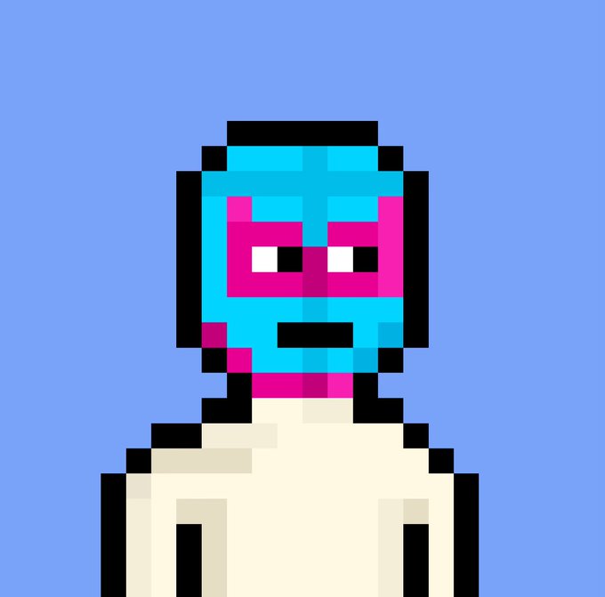 A pixel art portrait of a character with a teal/cyan head and magenta face markings, wearing a white shirt, set against a blue background in retro 8-bit style.