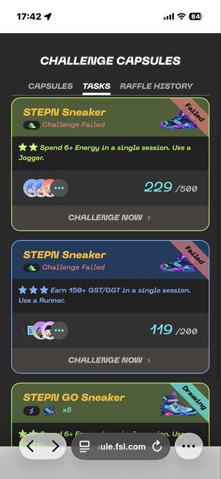 The image shows a phone screen displaying a list of challenges, including a challenge for the "StepN Go" sneaker. The challenges are listed with their respective scores, and there's also an option to enter the name of the challenge or the score into the app. The post suggests that the user should focus on the current challenge and not get distracted by other options.