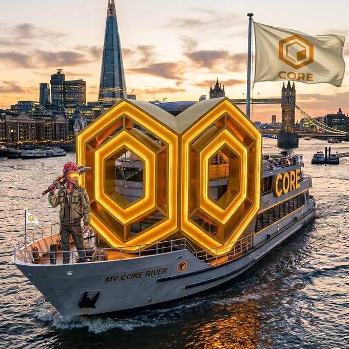 The image features a large boat with a person standing on top of it, wearing a helmet and holding a sword. The boat has a "Core" logo painted on its side, indicating that Core is a core component or feature of this vessel. The boat appears to be sailing in a body of water, possibly the ocean. In the background, there are several other boats visible, suggesting that this scene takes place at a harbor or a popular boating location.
