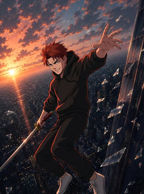 An anime-style illustration of a red-haired character in black clothing wielding a katana, standing on a glass skyscraper at sunset with a cityscape in the background.