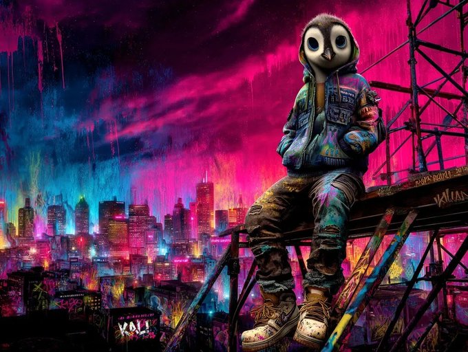 A vibrant street art-style illustration of a hooded figure with large cartoon eyes wearing a graffiti-covered denim jacket, sitting on a fire escape overlooking a neon pink and blue cityscape at night.