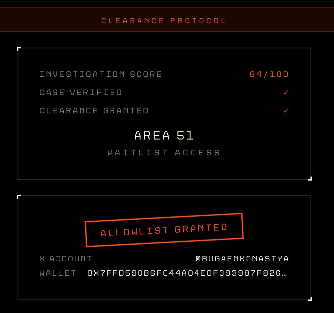 A digital clearance protocol screen showing an investigation score of 84/100 with case verified and clearance granted, granting Area 51 waitlist allowlist access to X account @BUGAENKONASTYA with wallet address 0x7FFD590B6F044A04E0F393987F826...