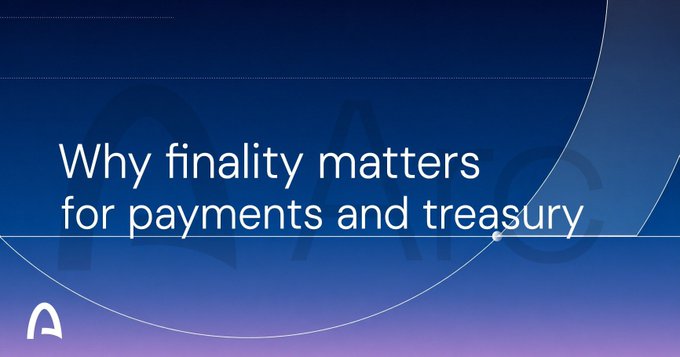 A blue gradient graphic displaying the white text 'Why finality matters for payments and treasury' with a faded AMC logo in the background and a small logo in the bottom left corner.