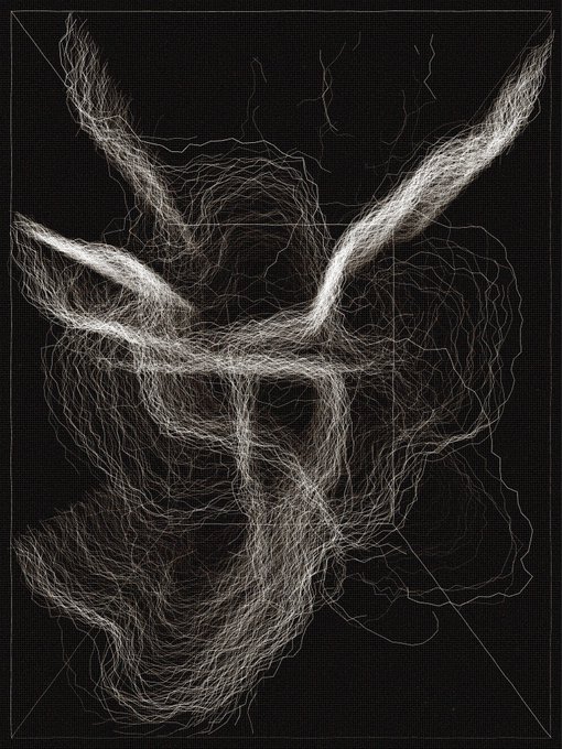 A monochromatic abstract line drawing on a black background, featuring dense, chaotic white scribbles that form tangled, organic shapes resembling flowing threads or neural networks.
