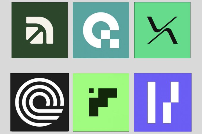 Six cryptocurrency/crypto project logos displayed in a 2x3 grid: Aptos, a teal "C/G" logo, an "X" mark logo, an "@" spiral symbol, a green blocky logo, and a purple "H" style logo.