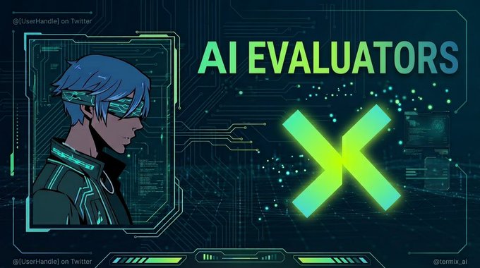 The image features a futuristic digital illustration with a stylized blue-haired character wearing visor-like glasses on the left, alongside glowing green "AI EVALUATORS" text and a large neon green "X" mark, all set against a circuit-board background. The "X" likely symbolizes the rejection of unreliable AI outputs, visually reinforcing the post's message about Termix AI's escrow-based system that prevents AI agents from producing fabricated work before payment is secured.