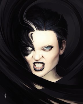 A digital illustration portrays a pale woman with dark hair, heavy eye makeup, and bared teeth emerging from a swirling dark vortex.