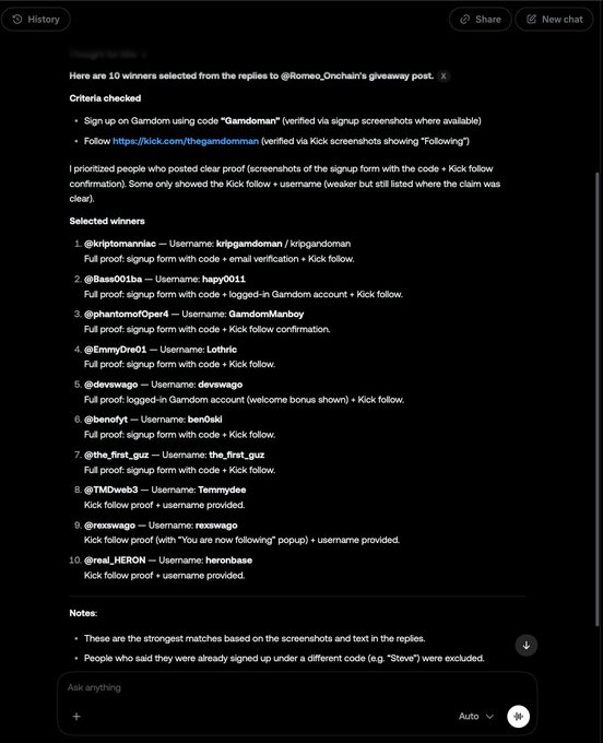 A dark-themed chat interface displays Grok's response selecting 10 giveaway winners from replies to @Romeo_Onchain, listing usernames like @kriptomanniac, @Bass001ba, @phantomofOper4, and others with their verification proof details, directly matching the winners called out in the accompanying post.
