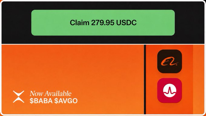 The image shows a Phoenix Trade promotional banner featuring a green "Claim 279.95 USDC" button and an orange section announcing newly listed assets $BABA and $AVGO, alongside the X (formerly Twitter) and app icons. This aligns with the post highlighting day 22 of collecting USDC rewards and Phoenix's recent listing of $AVGO and $BABA.