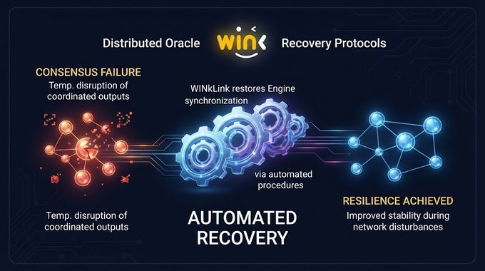 A technical diagram illustrates 'Distributed Oracle Recovery Protocols' by 'WINkLink', showing gears connecting 'CONSENSUS FAILURE' on the left to 'RESILIENCE ACHIEVED' on the right via an 'AUTOMATED RECOVERY' process.