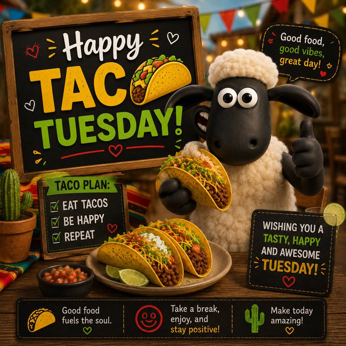 A festive 'Happy Taco Tuesday!' graphic featuring a cartoon sheep giving a thumbs up and holding a taco, with a 'Taco Plan' checklist (Eat Tacos, Be Happy, Repeat) and the message 'Good food, good vibes, great day!'