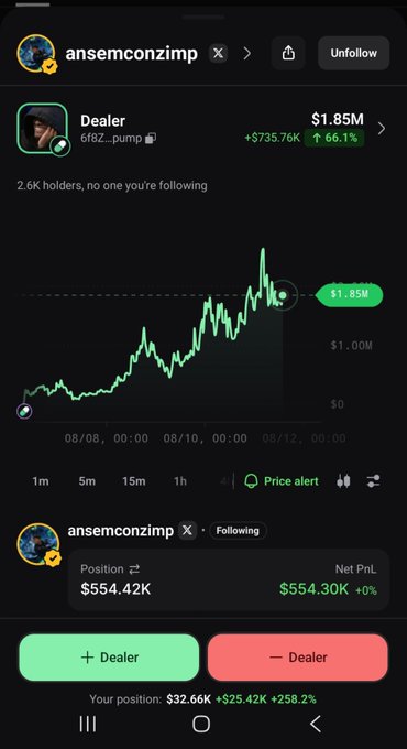 A cryptocurrency trading app screenshot showing a token called 'Dealer' (6f8Z...pump) at $1.85M with a +66.1% increase, and user 'ansemconzimp' holding a position worth $554.42K with net PnL of +$554.30K (+0%).