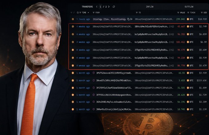 A man in a suit and orange tie shown next to a Bitcoin transaction tracking interface displaying recent transfers in BTC with values and USD equivalents.