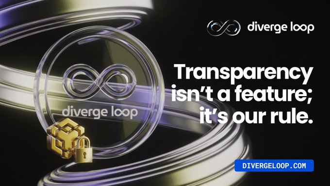 A promotional graphic displays the 'diverge loop' logo and text reading 'Transparency isn't a feature; it's our rule.' along with 'DIVERGELOOP.COM', set against a dark background with glowing glass rings and padlock icons.