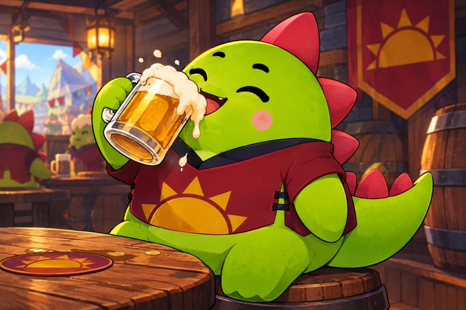 A cartoon illustration depicts a green dinosaur wearing a red shirt with a sun emblem, happily drinking a foaming mug of beer at a tavern table with a sun-themed coaster.