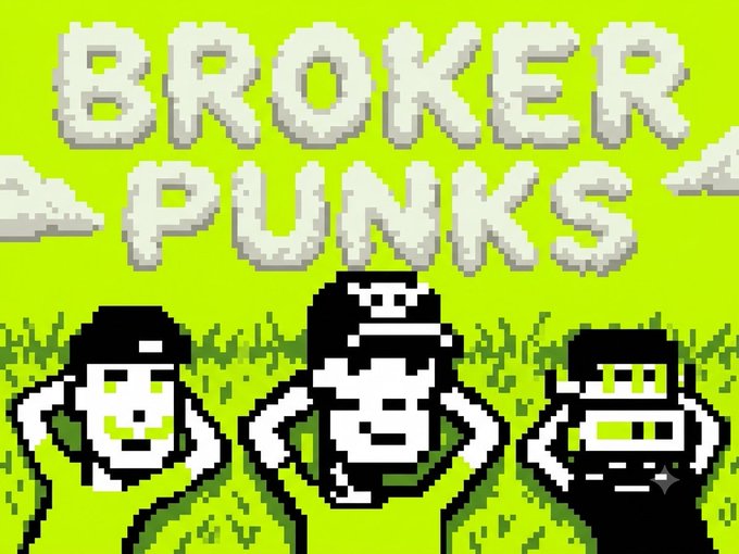 A pixel art illustration in neon yellow and black titled 'BROKER PUNKS' depicting three characters: a blonde girl in a cap, a boy in a cap, and a robot-like figure.