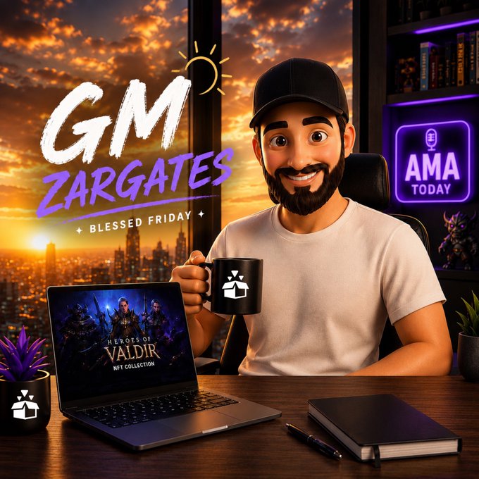 The image features a man sitting at a desk with a laptop computer open in front of him. He has a cup of coffee next to his laptop, suggesting that he might be working or studying from home. The background shows an orange sky, which could indicate either sunrise or sunset time. The post includes the text "GM ZarGates! Blessed Friday" and "AMA day is here!".