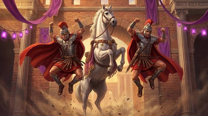 Two Roman centurions in red capes and plumed helmets leap triumphantly into the air alongside a rearing white horse, framed by purple banners and stone arches in a celebratory arena scene that echoes the post's "Jumper event" winners announcement and its playful praise of a participant's standout performance.