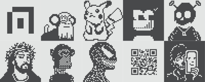 A collection of pixel-art style icons in black and white, including faces, a QR code, a cat with a megaphone, and a TV with an 'X' eye.