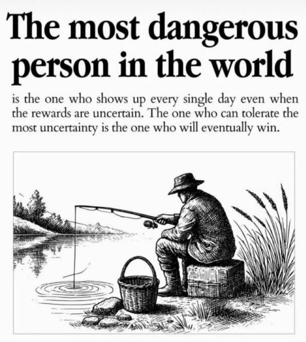 A motivational graphic reading "The most dangerous person in the world is the one who shows up every single day even when the rewards are uncertain. The one who can tolerate the most uncertainty is the one who will eventually win." with a black-and-white illustration of a fisherman sitting by a lake.