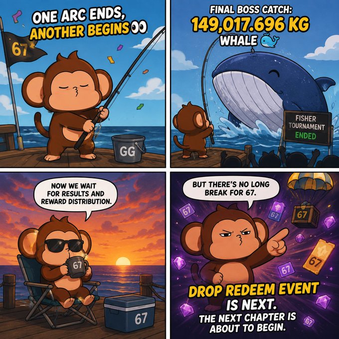 A four-panel comic featuring a cartoon monkey fishing, announcing the end of one arc with a 'FINAL BOSS CATCH: 149,017.696 KG WHALE' and teasing a 'DROP REDEEM EVENT' next.