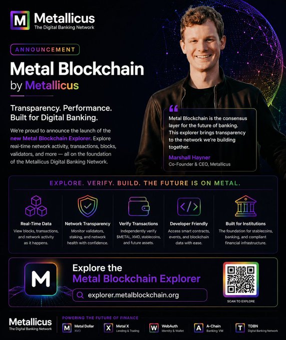 The image features a man smiling at the camera while wearing a black jacket. The background of the image is dark, with purple and blue colors. Below the man's photo, there are descriptions of various elements related to the Metallicus platform. These include transparency in performance, built for digital banking, and real-time network activity on the blockchain.