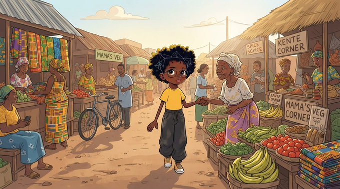 A vibrant animated illustration depicts a bustling African marketplace scene where a young girl in a yellow shirt walks alongside an older woman, with stalls displaying signs reading 'MAMA'S VEG' and 'KENTE CORNER'.