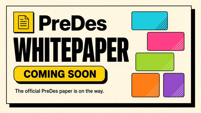 A promotional graphic announces 'PreDes WHITEPAPER COMING SOON' with the tagline 'The official PreDes paper is on the way.' and colorful block illustrations.