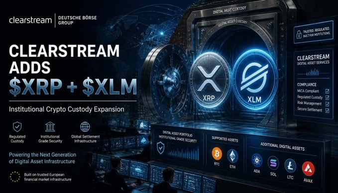 A promotional graphic announcing Clearstream (Deutsche Börse Group) adding XRP and XLM to its institutional crypto custody services, highlighting regulated custody, institutional-grade security, and supported digital assets including BTC, ETH, ADA, SOL, LTC, and AVAX.