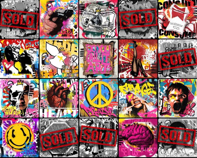 A colorful grid of pop-art style images with street art aesthetics, several stamped with red 'SOLD' marks, including symbols like a peace sign, heart, smiley face, and anatomical heart.