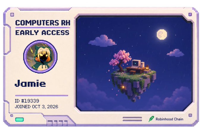 A digital membership card titled 'COMPUTERS RH EARLY ACCESS' for 'Jamie' (ID #19339, joined Oct 3, 2026), featuring a pixel art floating island with a cherry blossom tree and computer under a moonlit sky, branded by Robinhood Chain.
