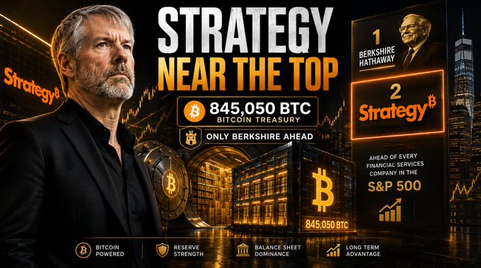 A promotional graphic for 'Strategy' (formerly MicroStrategy) featuring a man in a suit, highlighting 'STRATEGY NEAR THE TOP' with 845,050 BTC Bitcoin Treasury, claiming it's ahead of Berkshire Hathaway and every S&P 500 financial services company.