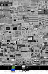 A highly detailed grayscale pattern resembling a circuit board or microscopic technology surface, featuring a tiny Android mascot and a small character figure at the bottom.