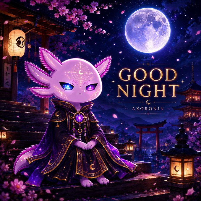 An anime-style illustration of a cute axolotl-like creature with pink fins, wearing ornate purple robes and a gem necklace, sitting beneath cherry blossoms and a full moon; the text reads "GOOD NIGHT" by "AXORONIN."