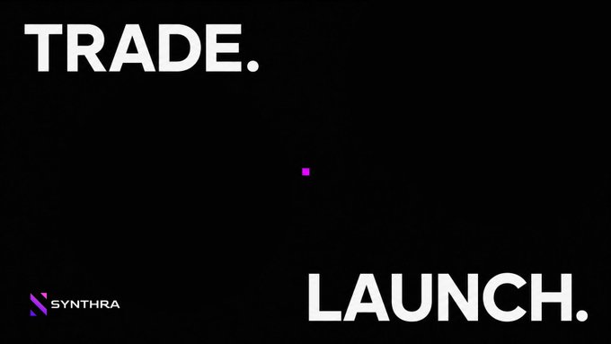 A minimalist black graphic displays "TRADE." in the upper left and "LAUNCH." in the lower right in bold white text, with a small purple dot in the center and the "SYNTHRA" logo in the bottom left corner, visually reinforcing the post's call to action.