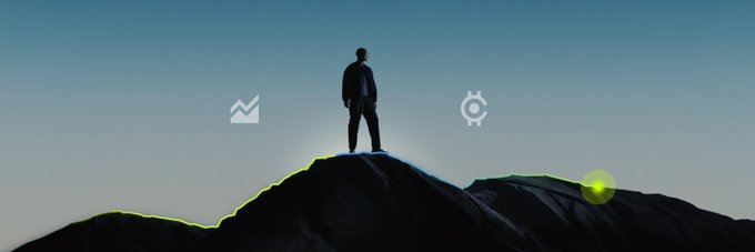 A silhouetted figure stands triumphantly atop a rugged mountain peak at sunrise, symbolizing reaching a new high or discovery, which aligns with the post's theme of scouting promising upcoming NFT projects. The overlay of a rising chart arrow, gear, and glowing marker icon further emphasizes themes of growth, mechanics, and opportunity—mirroring the post's excitement about emerging NFT ventures on platforms like Robinhood.